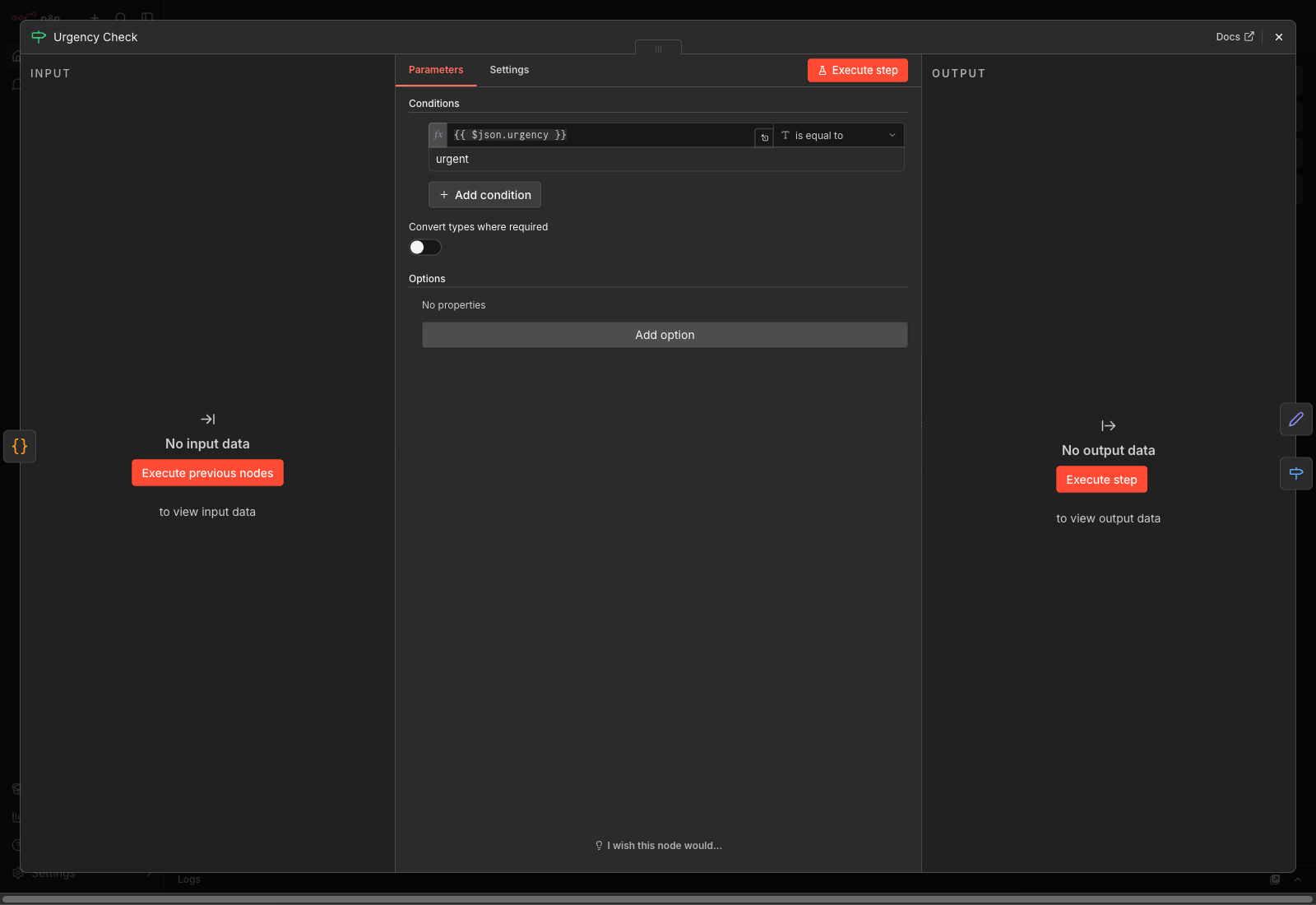 Urgency Check node configuration for the Rivet Flow shared inbox triage proof workflow
