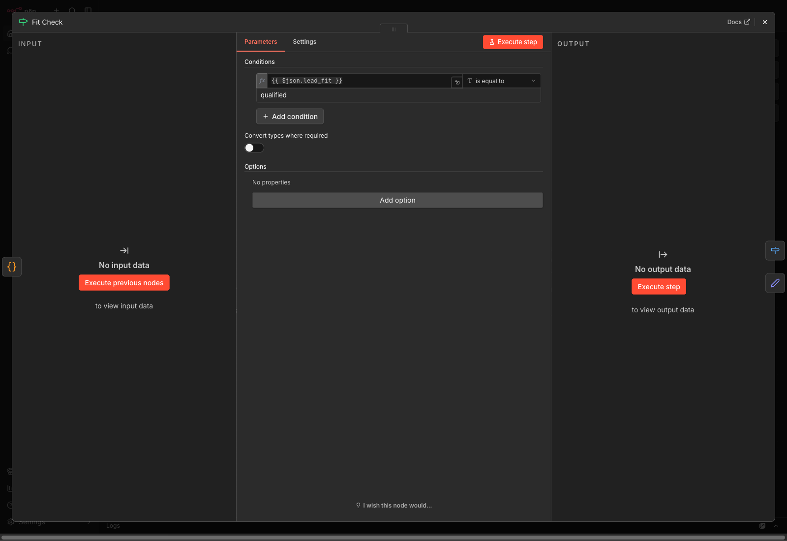 Fit Check node configuration for the Rivet Flow lead intake handoff proof workflow